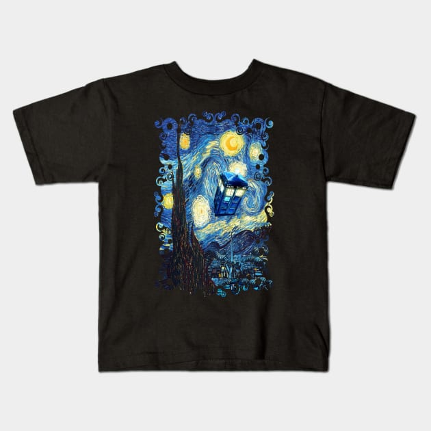 Blue Phone booth starry the night Kids T-Shirt by Dezigner007